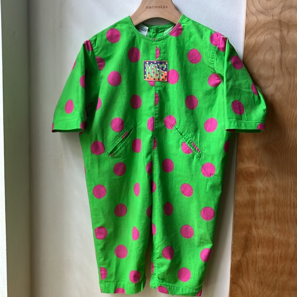 Vintage 80s NAF NAF polka dot jumpsuit romper one piece size 12 m pink & green